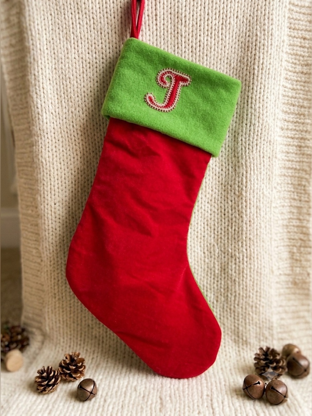 Personalized J Monogram Christmas Stocking Red Green Velvet 19 Inch